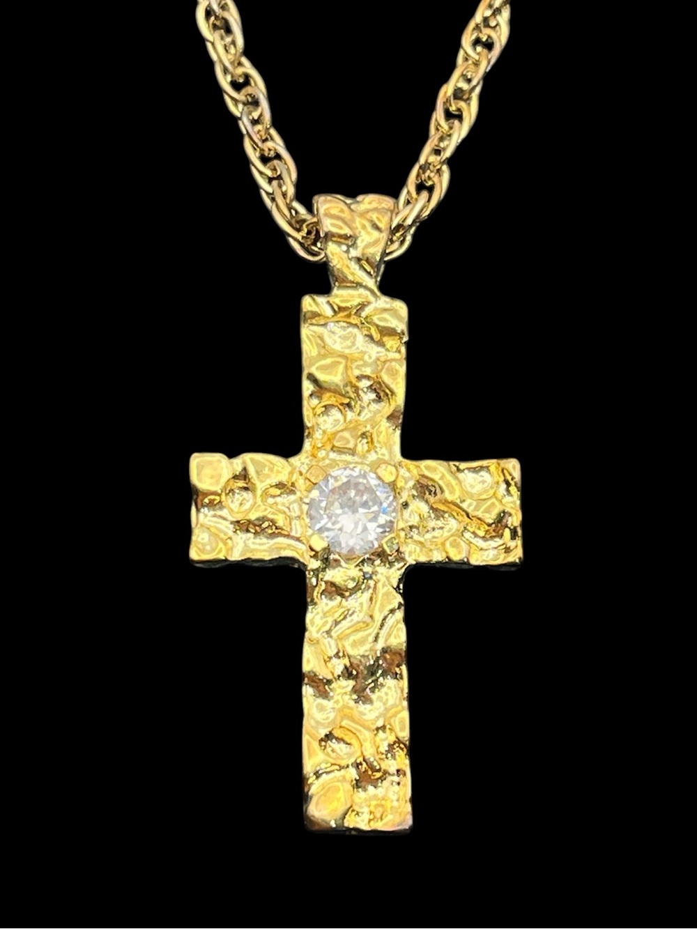 Gold tone nugget style cross CZ crucifix pendant on rope chain necklace vintage